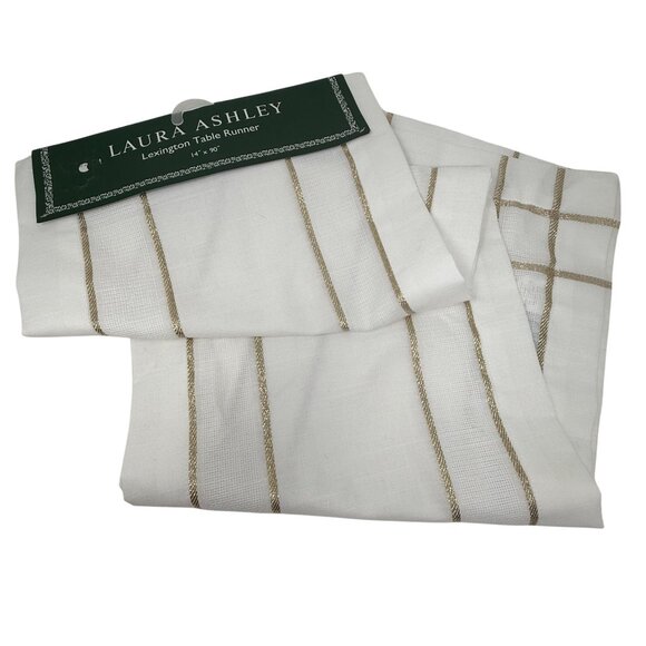 Laura Ashley Lexington Table Runner 14"x90" White Metallic Gold Stripes Elegant - Picture 2 of 7